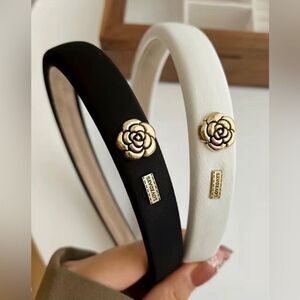 *COQUETTE-GIRL* Ivory & Black Satin Designer Style Camellia Headband